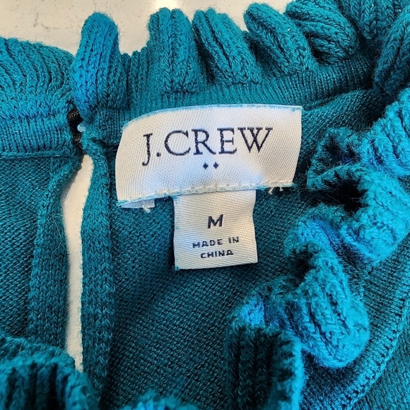 J. Crew 100% Cotton Sweater Teal Ruffle Neck Women's Medium M Keyhole Back EUC - Picture 7 of 9